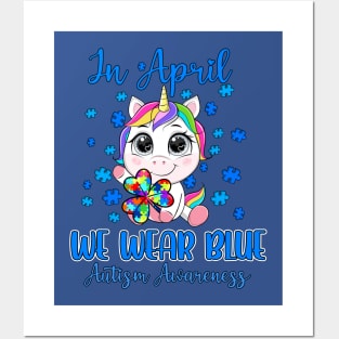 We Wear Blue Puzzle Pieces Shamrock Unicorn Autism Awareness Posters and Art